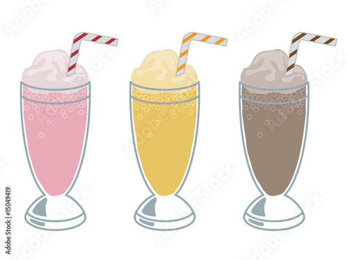 Milkshakes vector clipart strawberry banana chocolate glass with icecream and straw isolated on white