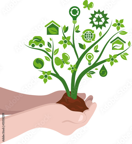 hands hold the tree with environmental icons