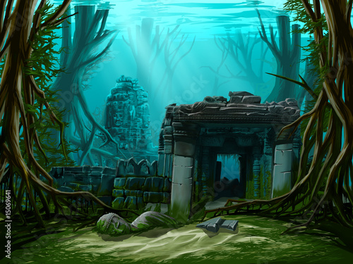 Ancient town ruins. Underwater background.