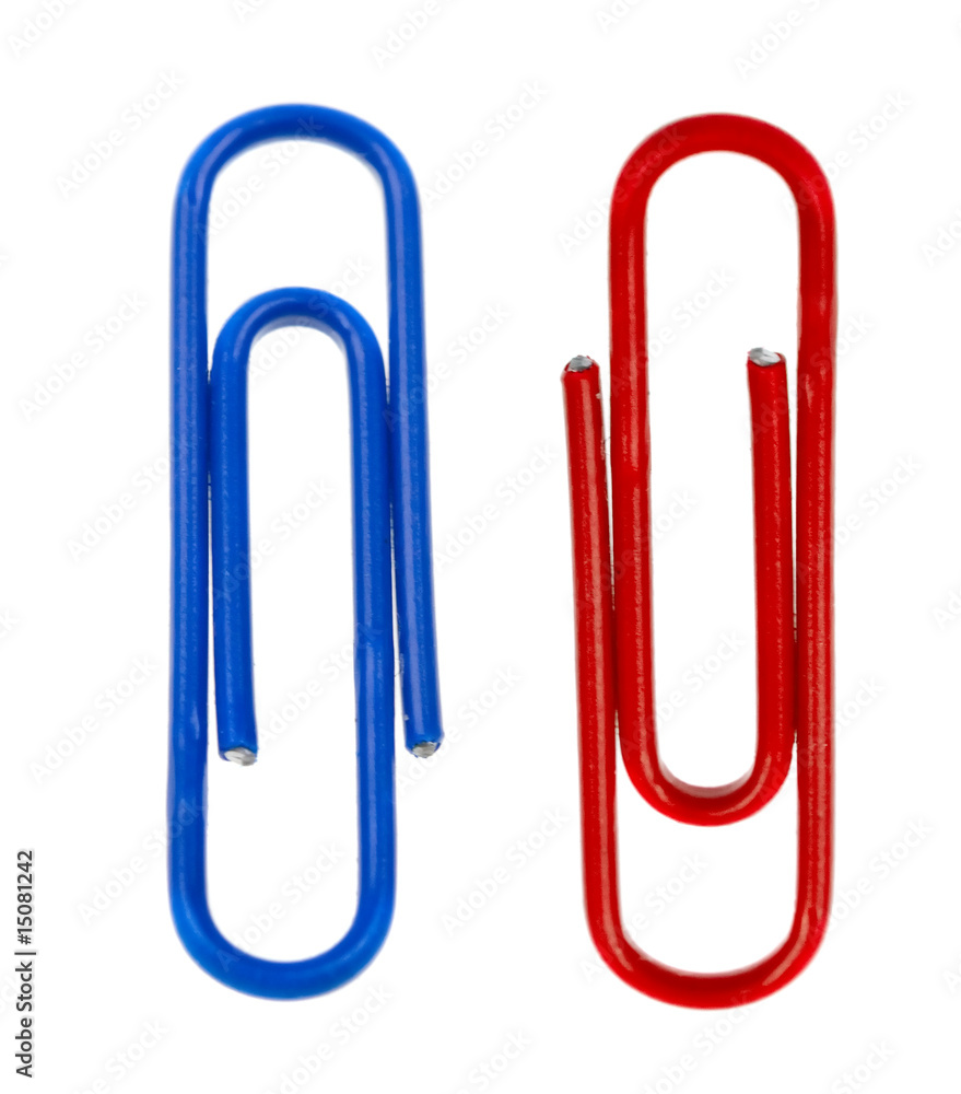 Two colored paper clips isolated on white Two colored paper clips isolated on white