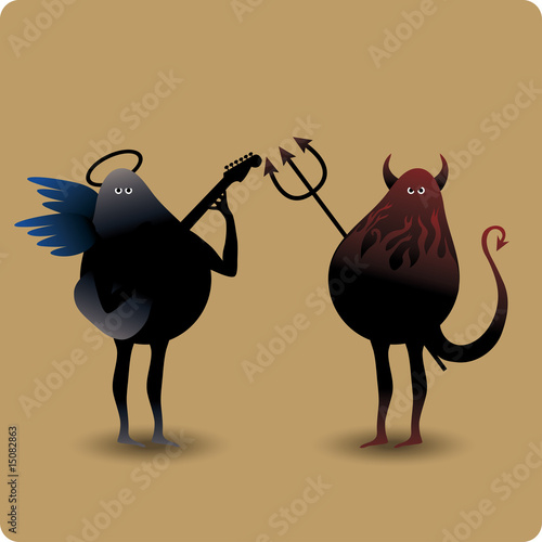 Devil with trident and a musical angel with guitar