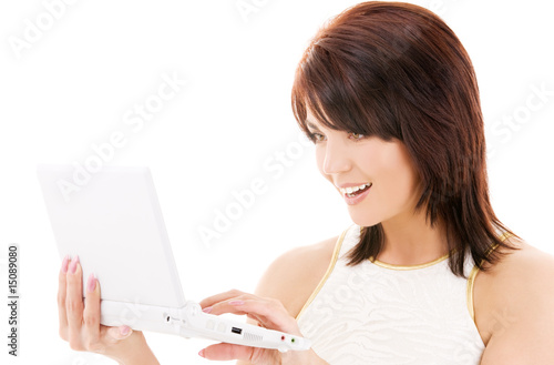 happy woman with laptop computer