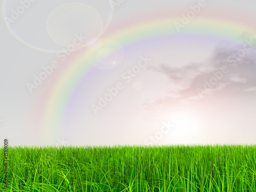 high resolution 3d green grass over a blue sky with a rainbow