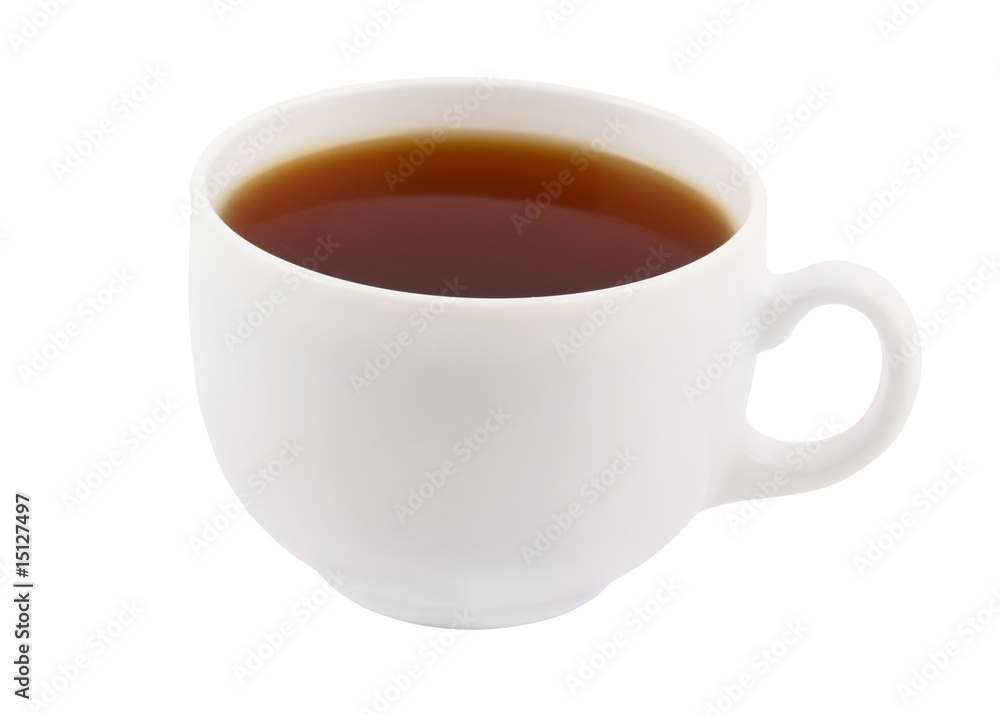 White cup of hot tea isolated on white White cup of hot tea isolated on white