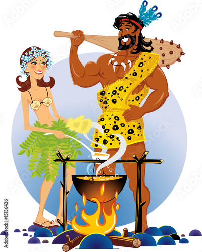 Two persons in a cave in the Stone Age