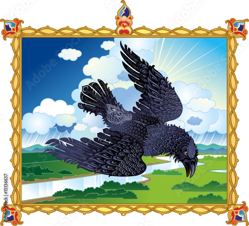 Epic raven flying in thundercloud