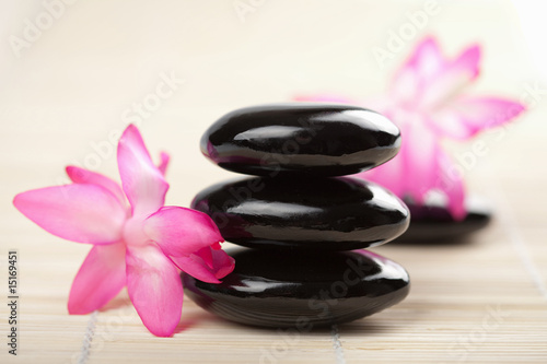 spa stones and pink flower