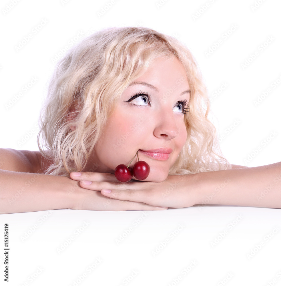 portrait of young blonde woman with cherry portrait of young blonde woman with cherry