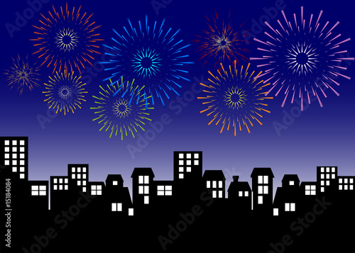 Cityscape & Exploding Fireworks