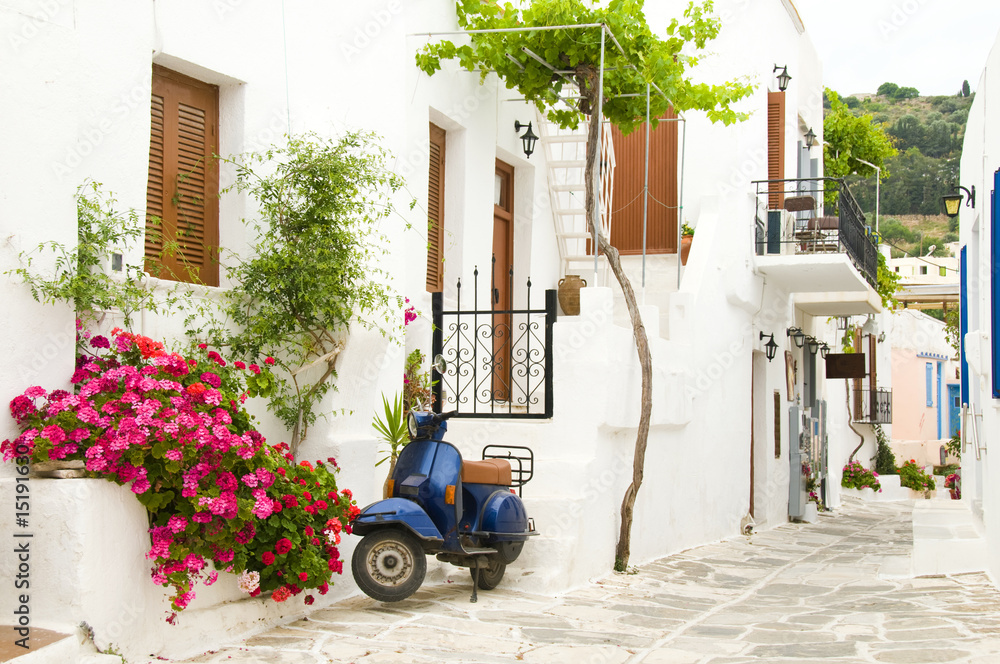 street scene motor scooter greek cyclades islands architecture