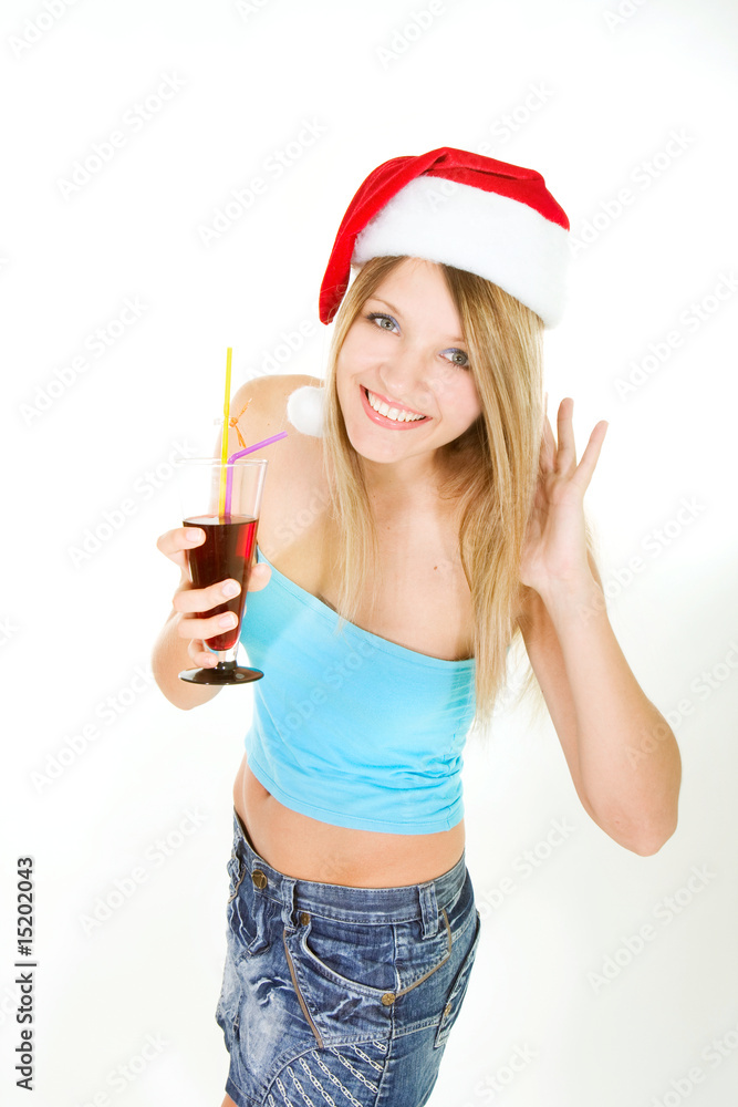 santa girl with glass of juice over white santa girl with glass of juice over white