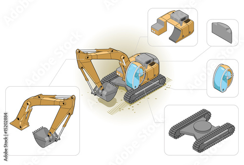 isometric illustration of an excavator and his components