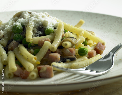 pasta with smoked meat and mushrooms photo