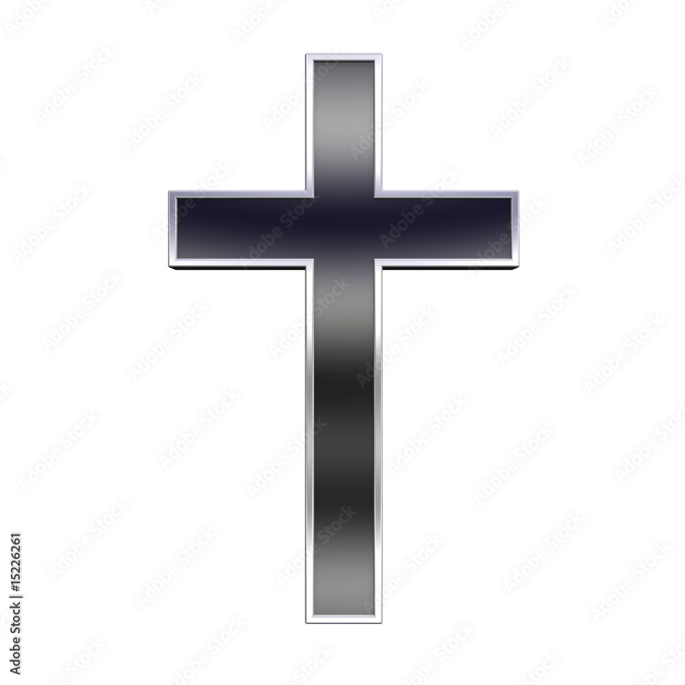 Blak with silver frame Christian cross isolated on white.