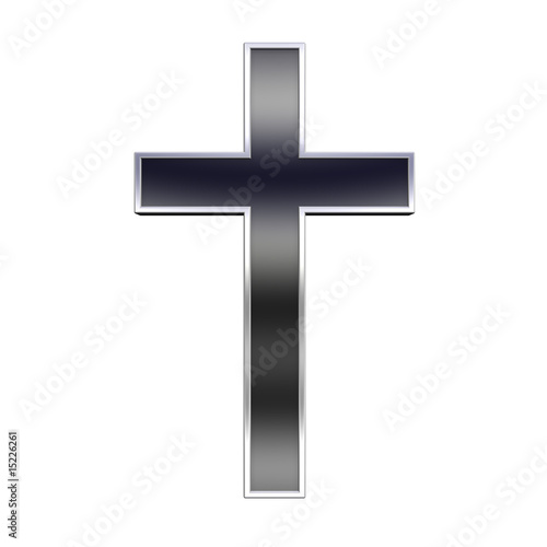 Blak with silver frame Christian cross isolated on white.