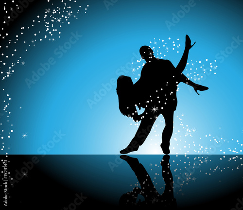 Couple dancing on blue background surrounded by sparkling stars