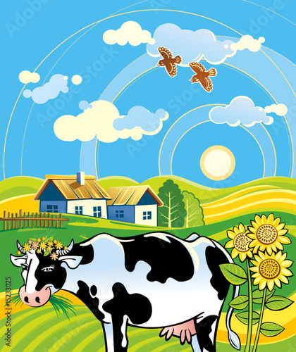 Summer rural landscape with cheerful cow