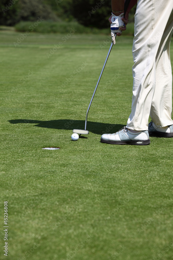Obraz premium golfspieler mit putter, putting golfball