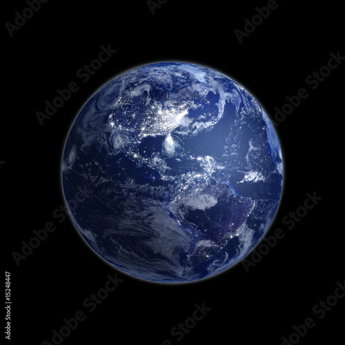 Night view of Earth with lights glowing in urban areas.