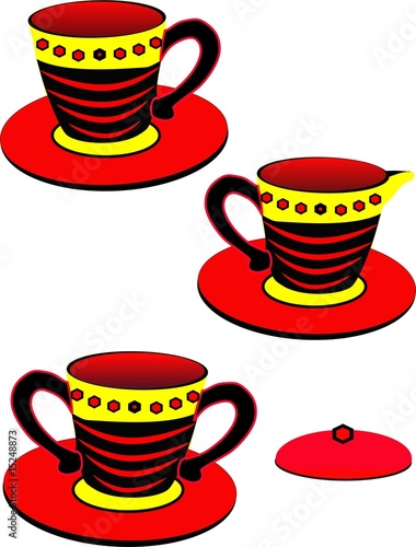 Teacup, sugar bowl and creamer holder, in a vibrant design