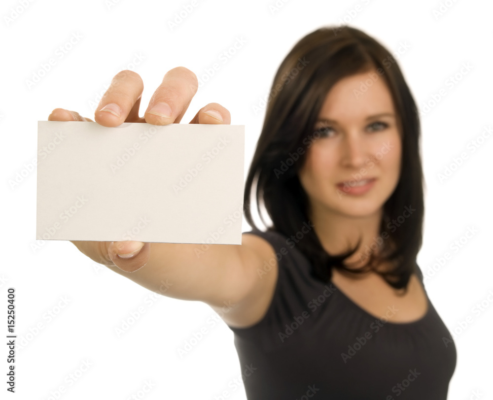 Young woman holding a blank business card Young woman holding a blank business card