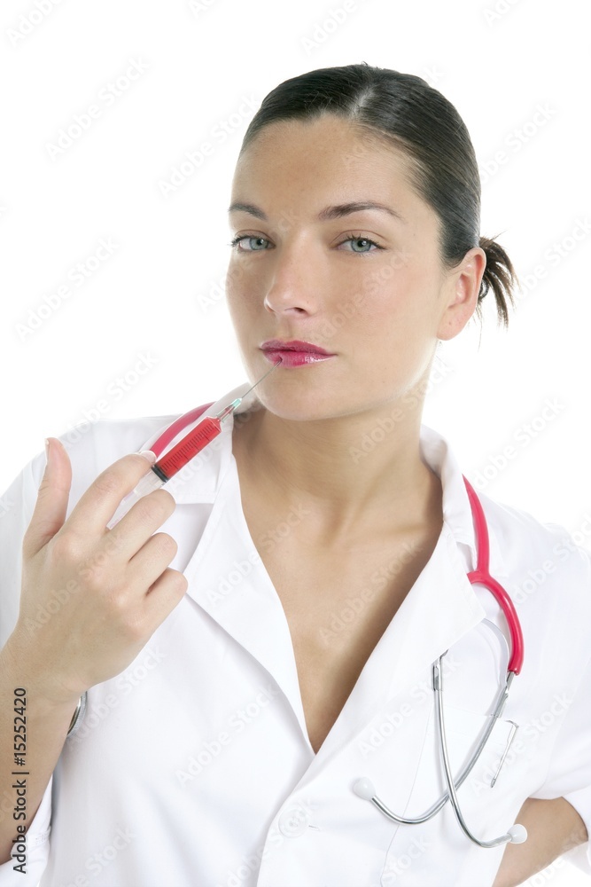 Doctor woman with red syringe in lips Doctor woman with red syringe in lips