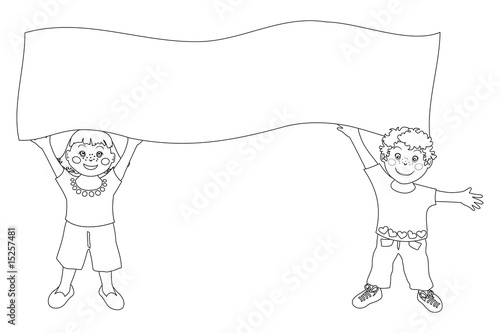 Bimbi con cartellone - Immagine in bianco e nero da colorare