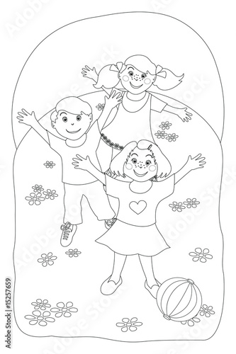 Bambini che giocano - Immagine in bianco e nero da colorare
