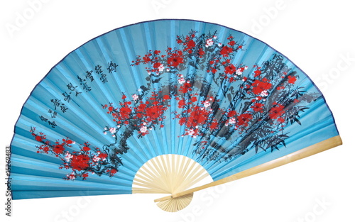 blue Chinese fan on a white background