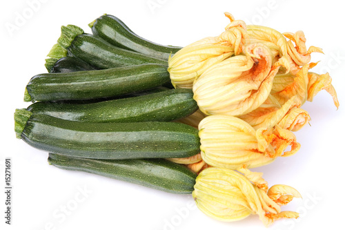 Fresh picked zucchini with flower heads
