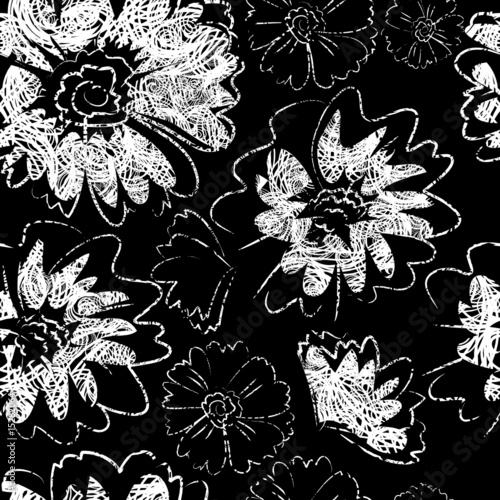 Seamless white on black grunge floral pattern