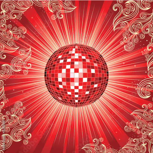 Background with red shining disco-ball and pattern