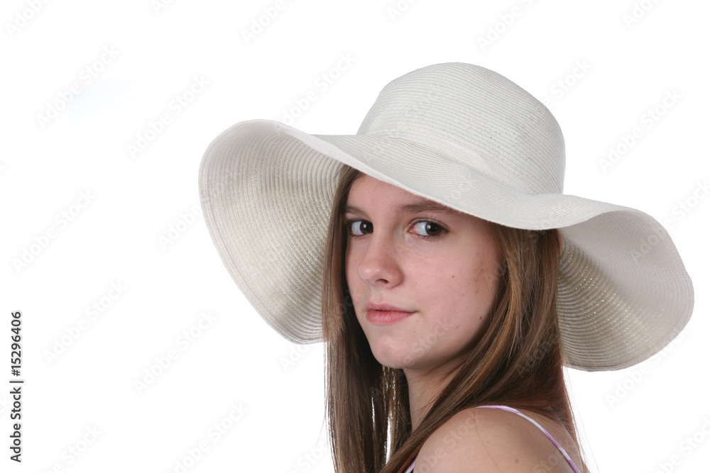 pretty teen with long hair wearing straw hat pretty teen with long hair wearing straw hat