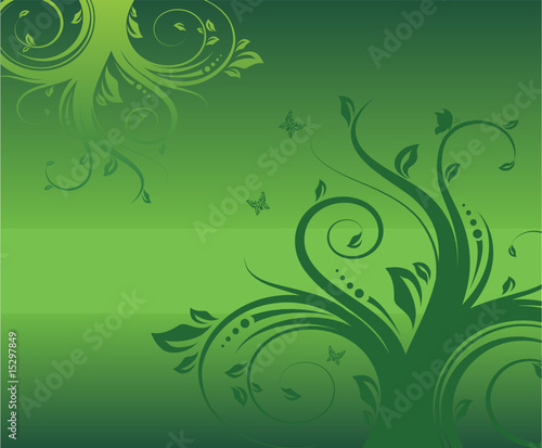 Abstract Green Floral Composition with Flying Butterfly - Vector