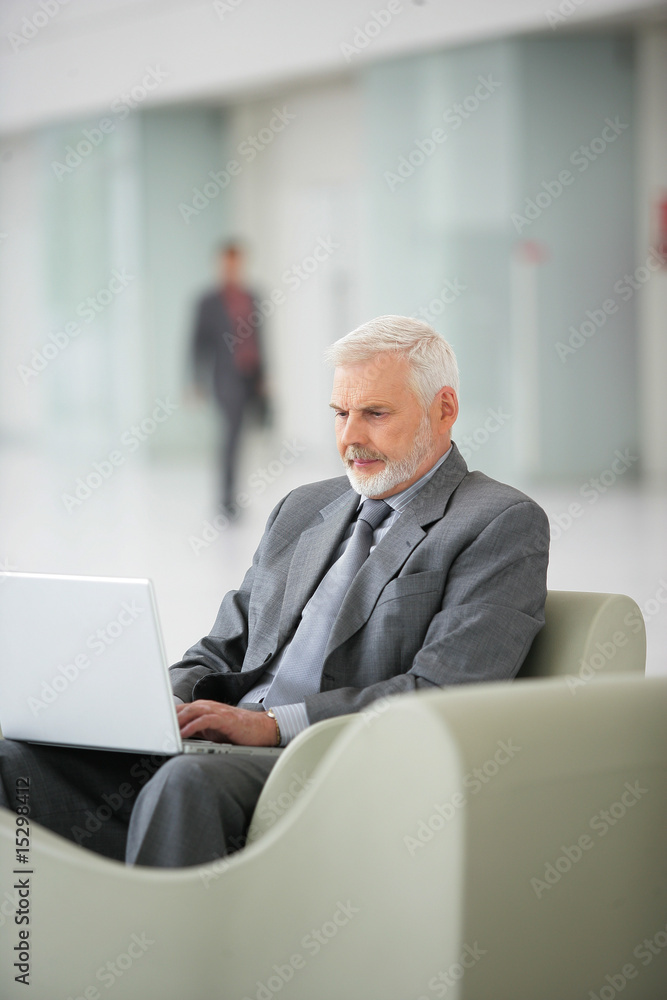 Homme d'affaires senior dans un fauteuil devant un ordinateur Homme d'affaires senior dans un fauteuil devant un ordinateur