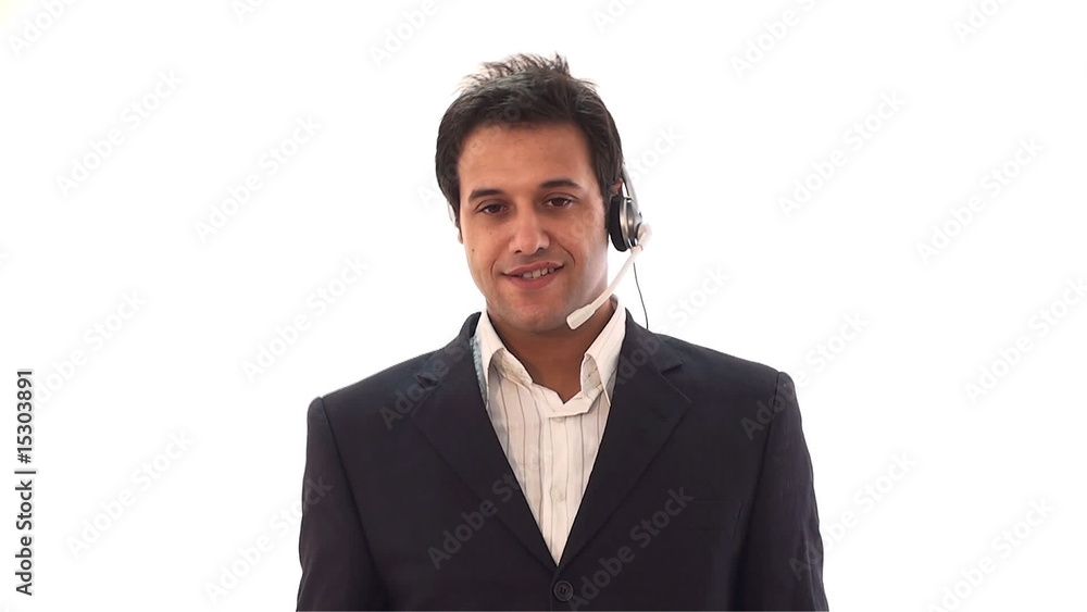 handsome customer service representative talking handsome customer service representative talking