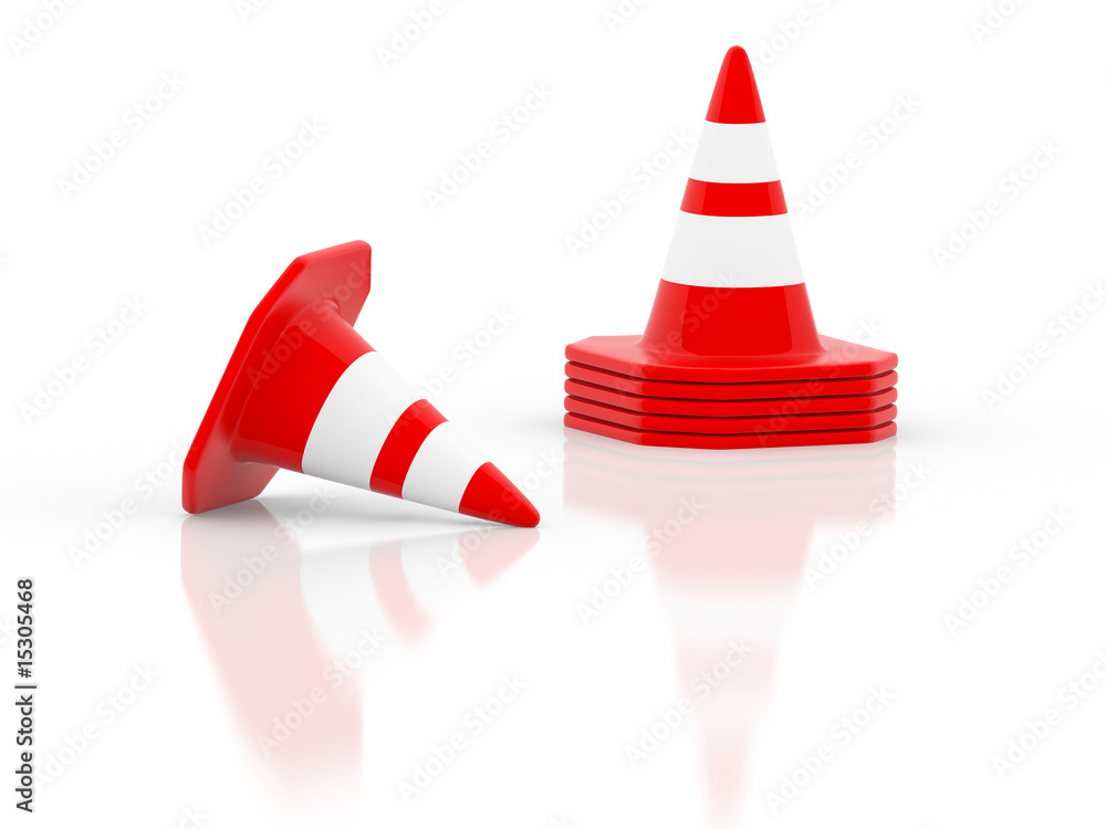 Traffic cones over white reflective background Traffic cones over white reflective background