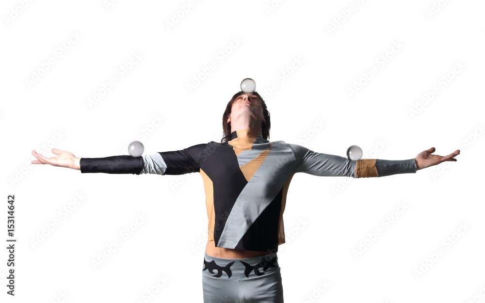 Acrobat with a glass marble on a white background Acrobat with a glass marble on a white background