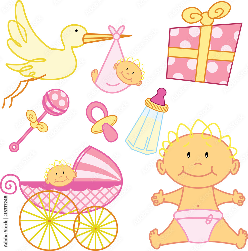 Cute New born baby girl graphic elements. Cute New born baby girl graphic elements.