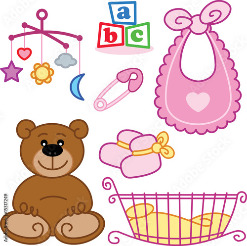 Cute New born baby girl toys graphic elements.