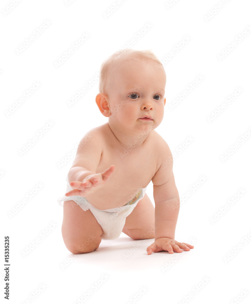 Portrait of adorable baby boy crawling over white Portrait of adorable baby boy crawling over white