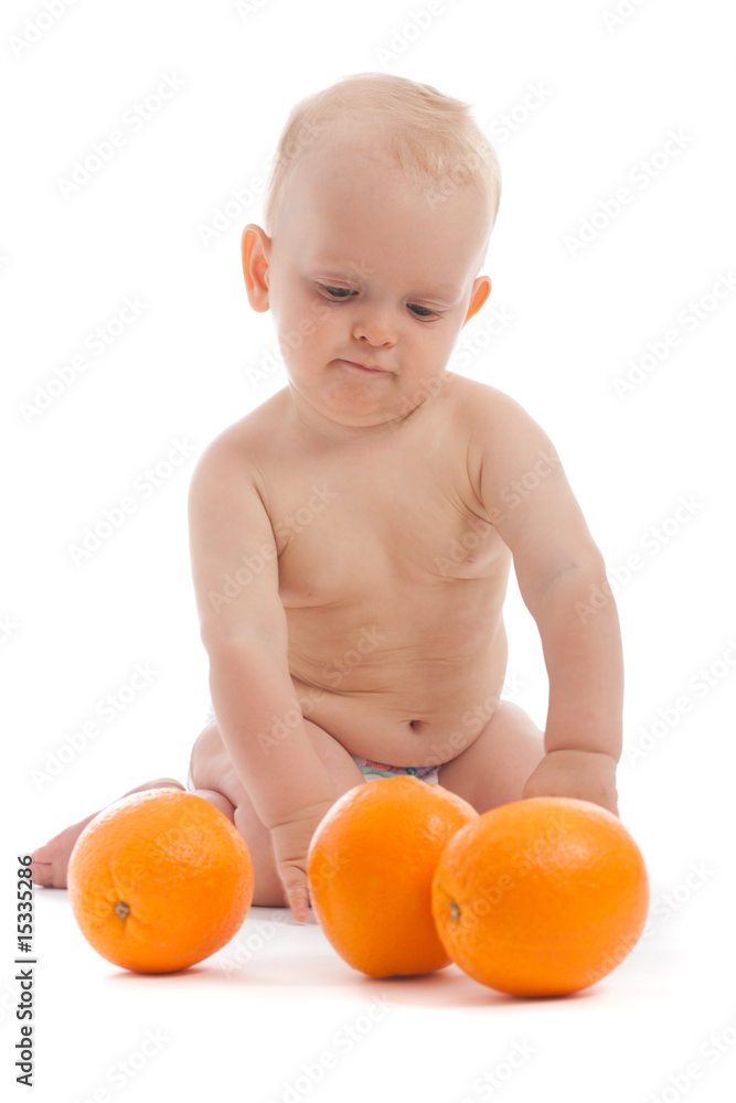 Portrait of adorable baby boy playing with three oranges Portrait of adorable baby boy playing with three oranges