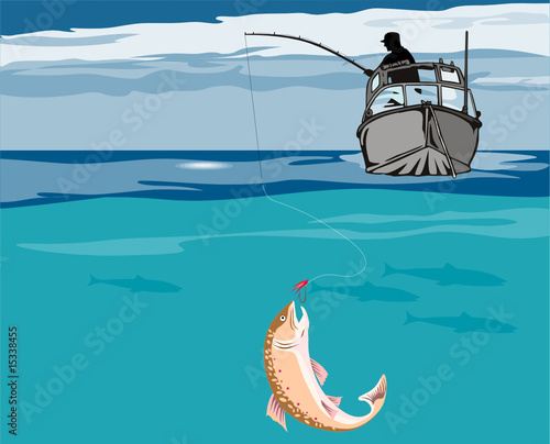 Fly Fisherman in boat  catching a trout