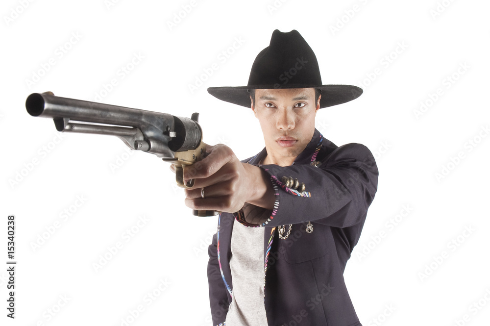 Asisn cowboy pointing gun