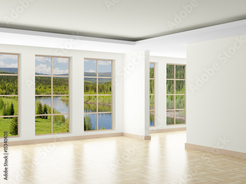 Empty room. Landscape behind window. 3D image