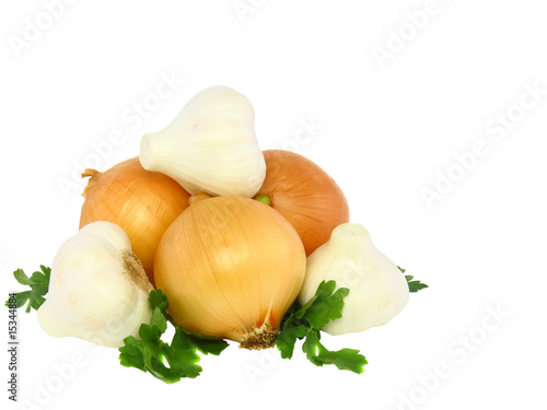 Still-life-garlic,onios decorating of parsley. Isolated photo