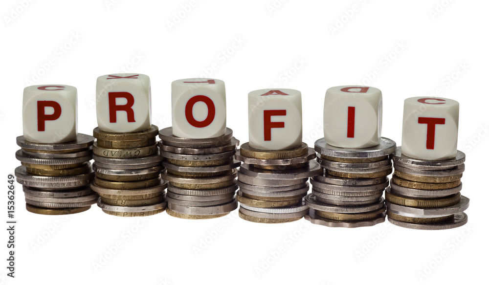 Stacks of coins with the word profit isolated on white Stacks of coins with the word profit isolated on white