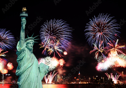 The Statue of Liberty and 4th of July fireworks