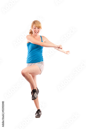 Blonde girl doing fitness, isolated on white