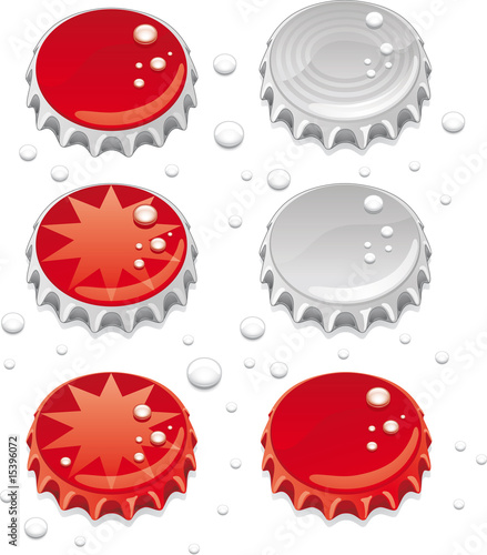 Six bottle caps with some graphics and water drops.